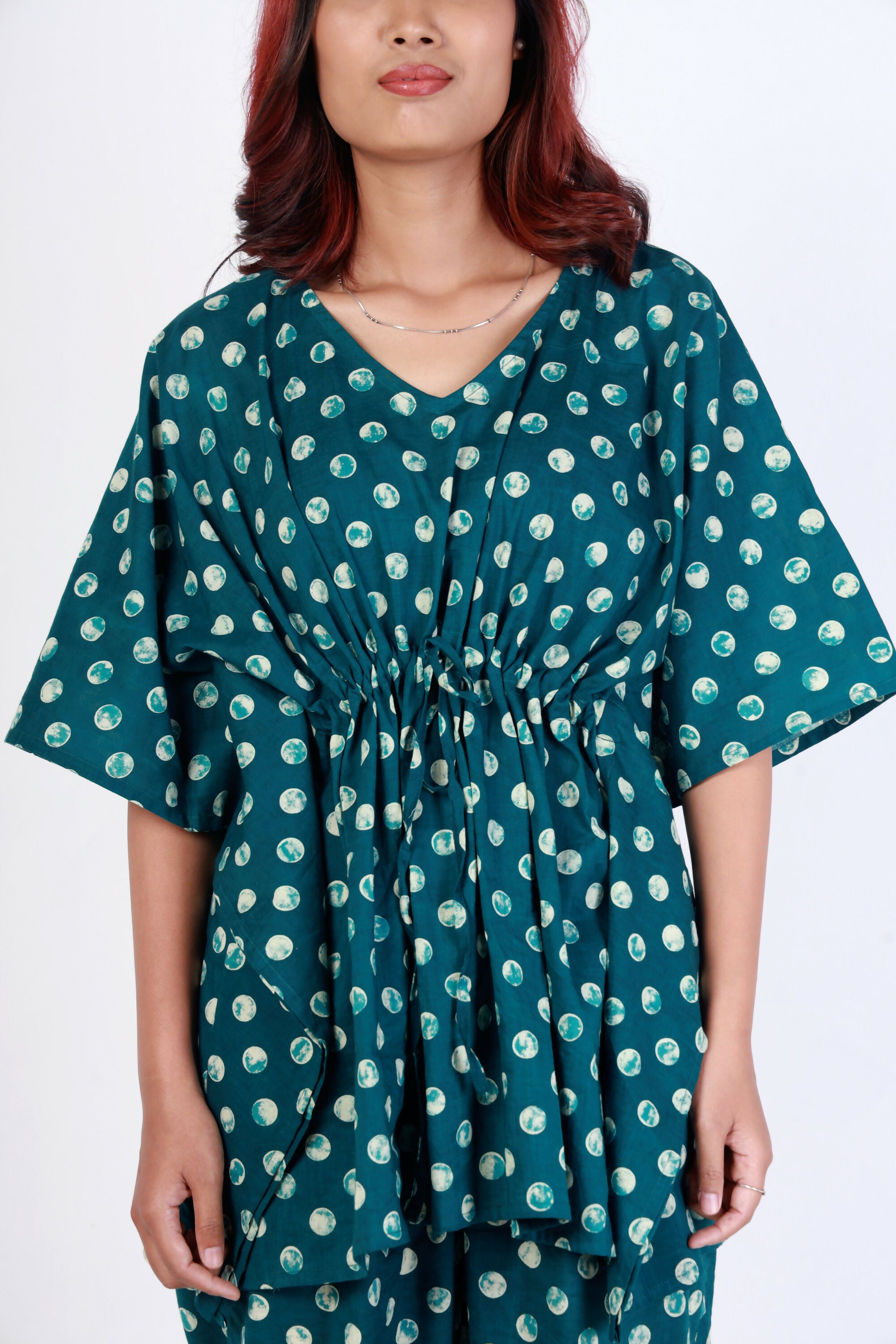 Breathables Green Polka Cotton Kaftan Co-Ord Set - Dista