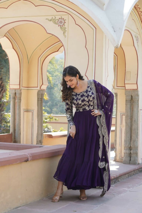 Aastha Fashion Women's Purple Faux Georgette Jacquard with Sequins Embroidered Anarkali Dress with Dupatta - Distacart