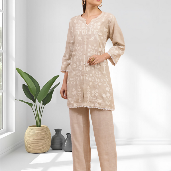 Joban Fashion Beige Linen Embroidered Readymade Cord Set - Distacart