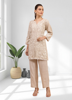 Thumbnail for Joban Fashion Beige Linen Embroidered Readymade Cord Set - Distacart