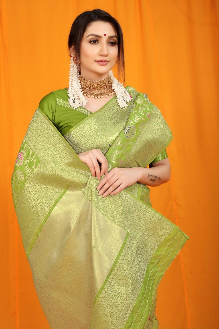 Jyoti Fashion Women's Green Kanjivaram Silk Zari Woven Saree with Blouse - Distacart