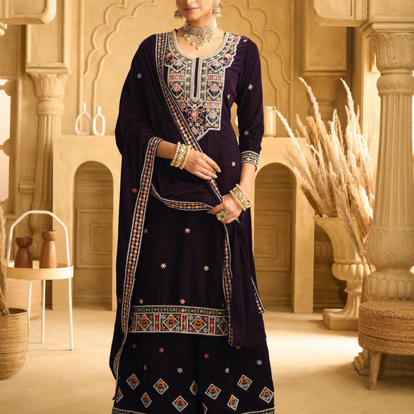 Anaita Dark Wine Embroidered with beads Velvet Stitched Plazo Suit - Distacart