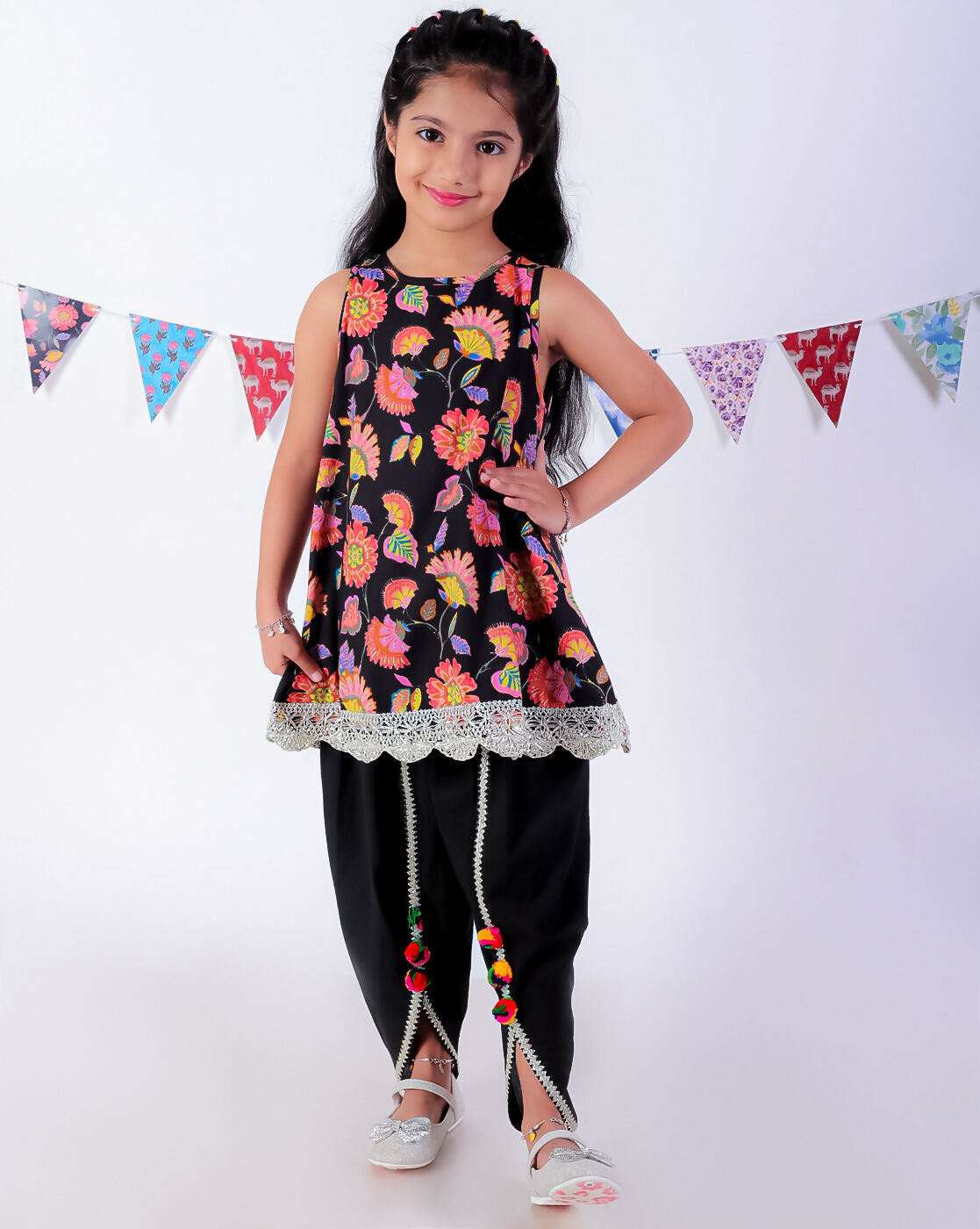 Lil Drama Jaipur Print Stylish Cotton Kurta with Dhoti Set for Girls - Black - Distacart