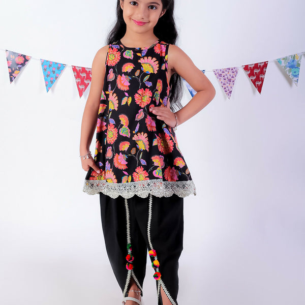 Lil Drama Jaipur Print Stylish Cotton Kurta with Dhoti Set for Girls - Black - Distacart