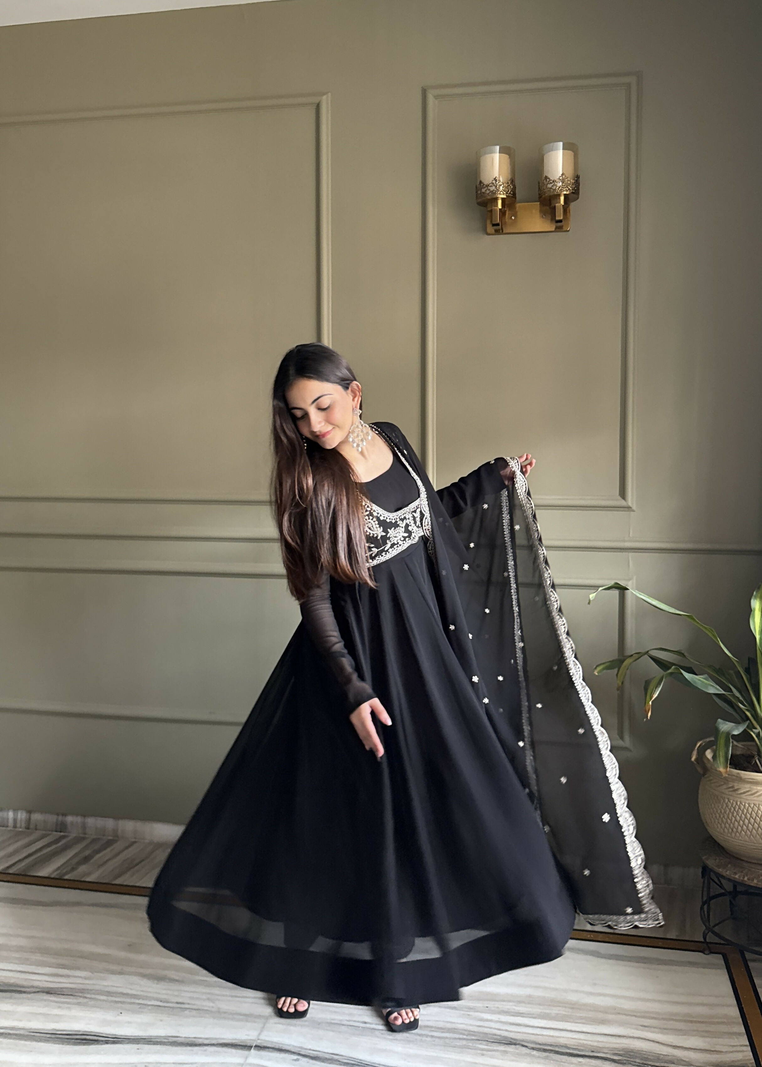 Teeya Creation Black Color Faux Georgette Heavy Embroidery Work Functional Wear Long Gown - Distacart