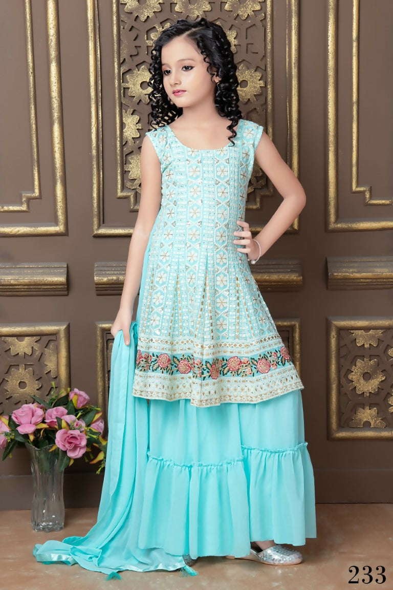 Kids Wedding Designer Sky Faux Georgette Sharara Suit - Aaradhna - Distacart