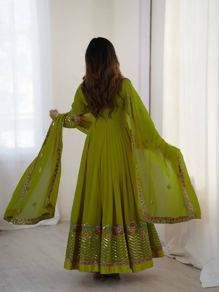 Teeya Creation Green Color Heavy Georgette Wedding Wear Embroidery Work Long Gown