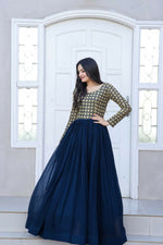 Thumbnail for Jyoti Fashion Women's Navy Blue Sequence Zari Embroidered Faux Blooming Anarkali Dress - Distacart