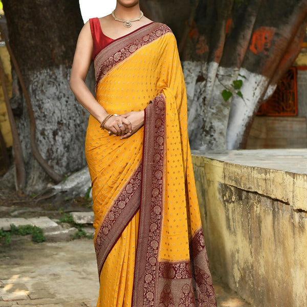 Joban Fashion Yellow Crepe Chiffon Pure Handloom Banarasi Silk Saree - Dista