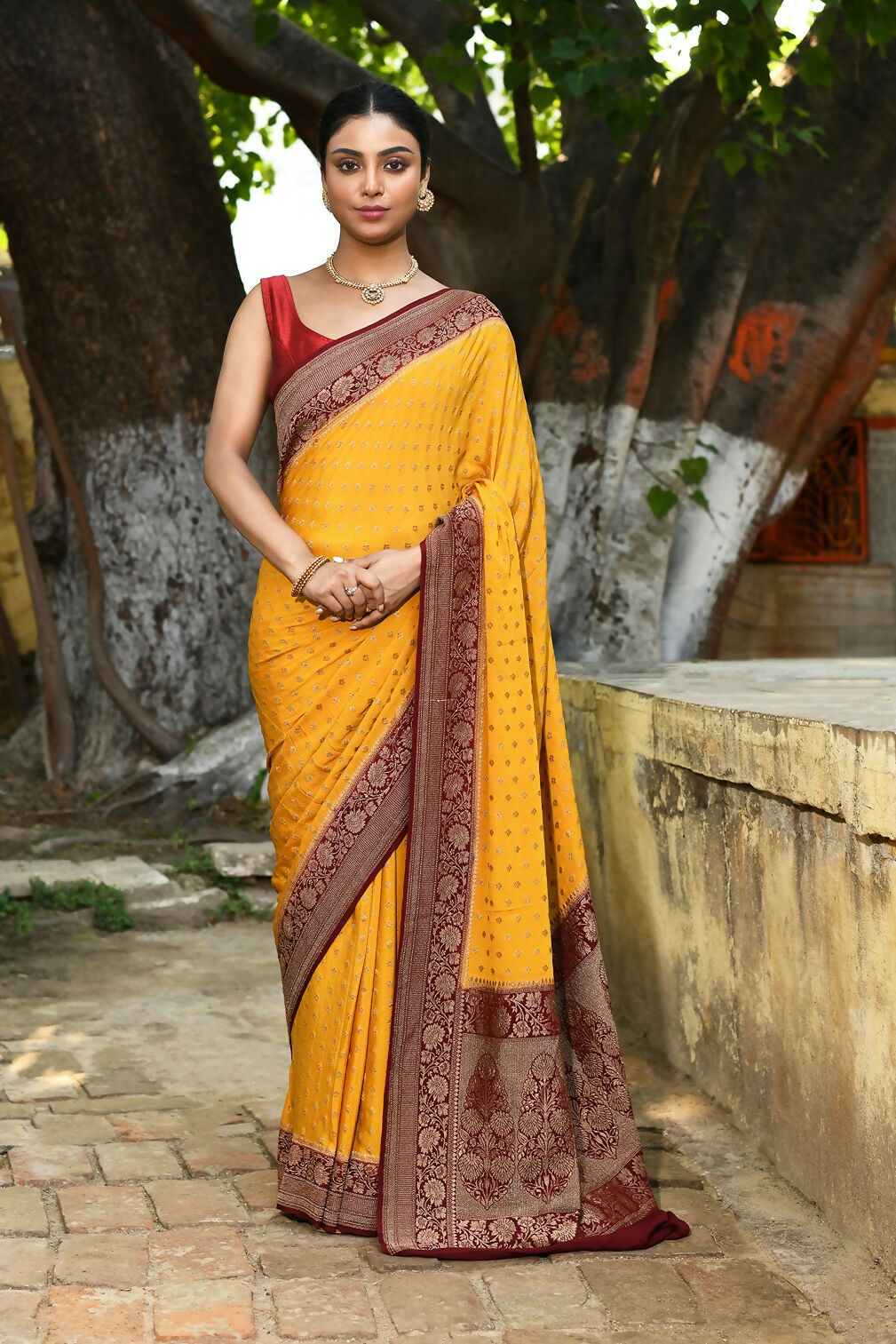 Joban Fashion Yellow Crepe Chiffon Pure Handloom Banarasi Silk Saree - Dista