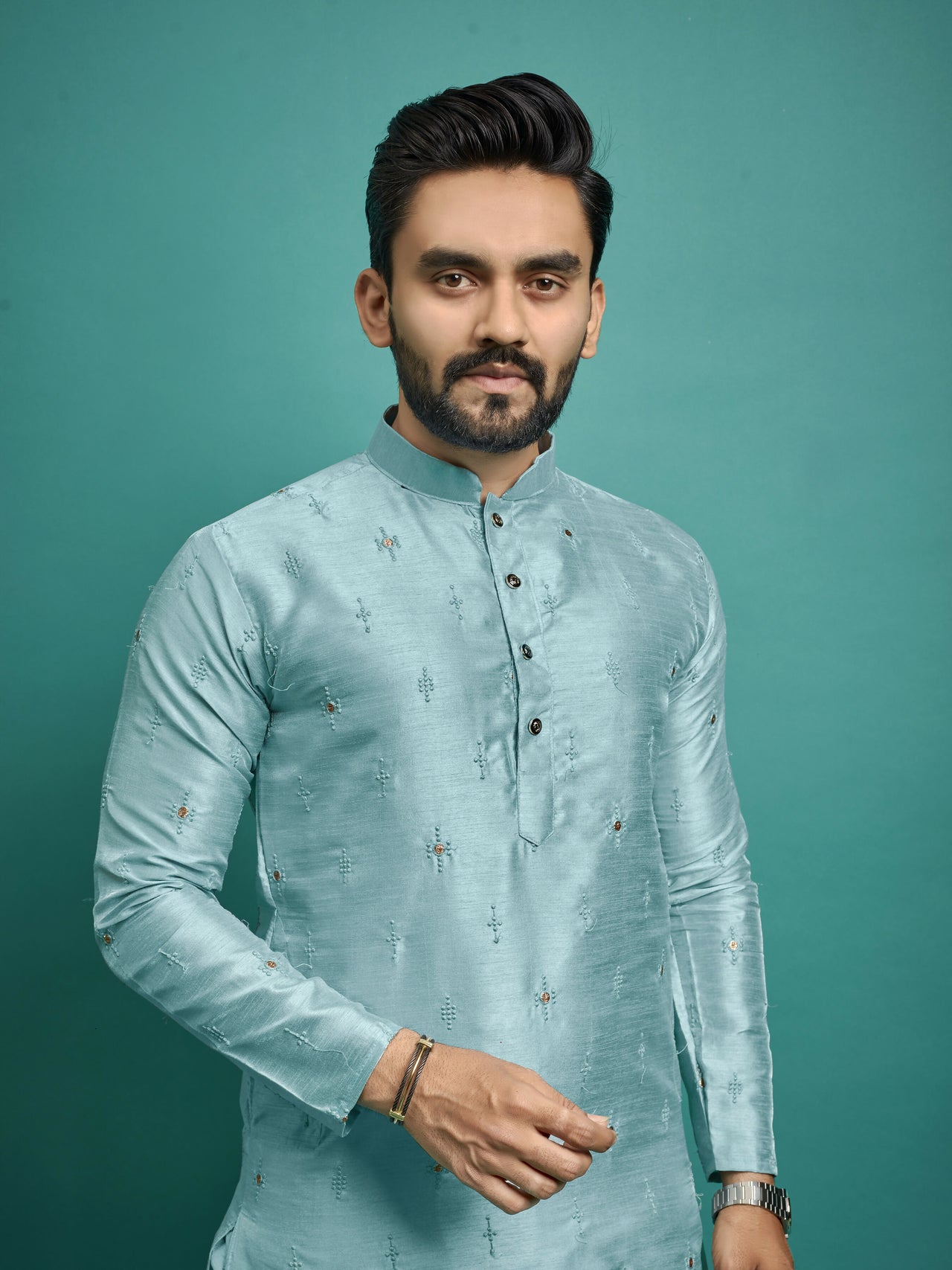 Indian Designer Embroidered Light Blue Men's Kurta Pajama Set by Infinity Export - Distacart