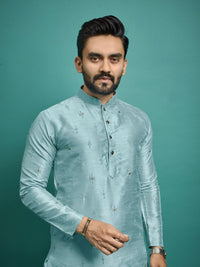 Thumbnail for Indian Designer Embroidered Light Blue Men's Kurta Pajama Set by Infinity Export - Distacart