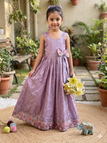Teeya Creation New Trendy Girls Elegant White Crinkled Ethnic Gown with Pink Lotus Border and Stylish Waist Bow - Dista