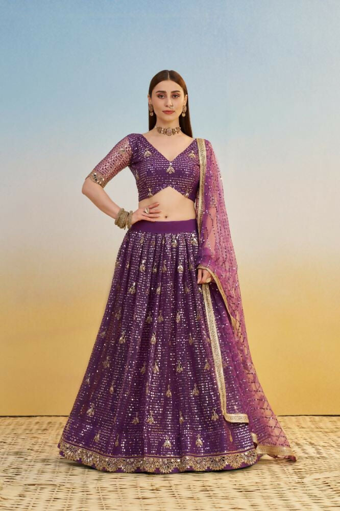 Aastha Fashion Dark Purple Butterfly Net Tone To Tone Thread Work, Sequence Work And Original Mirror Work Embroidery Wedding Wear Lehenga Choli - Distacart