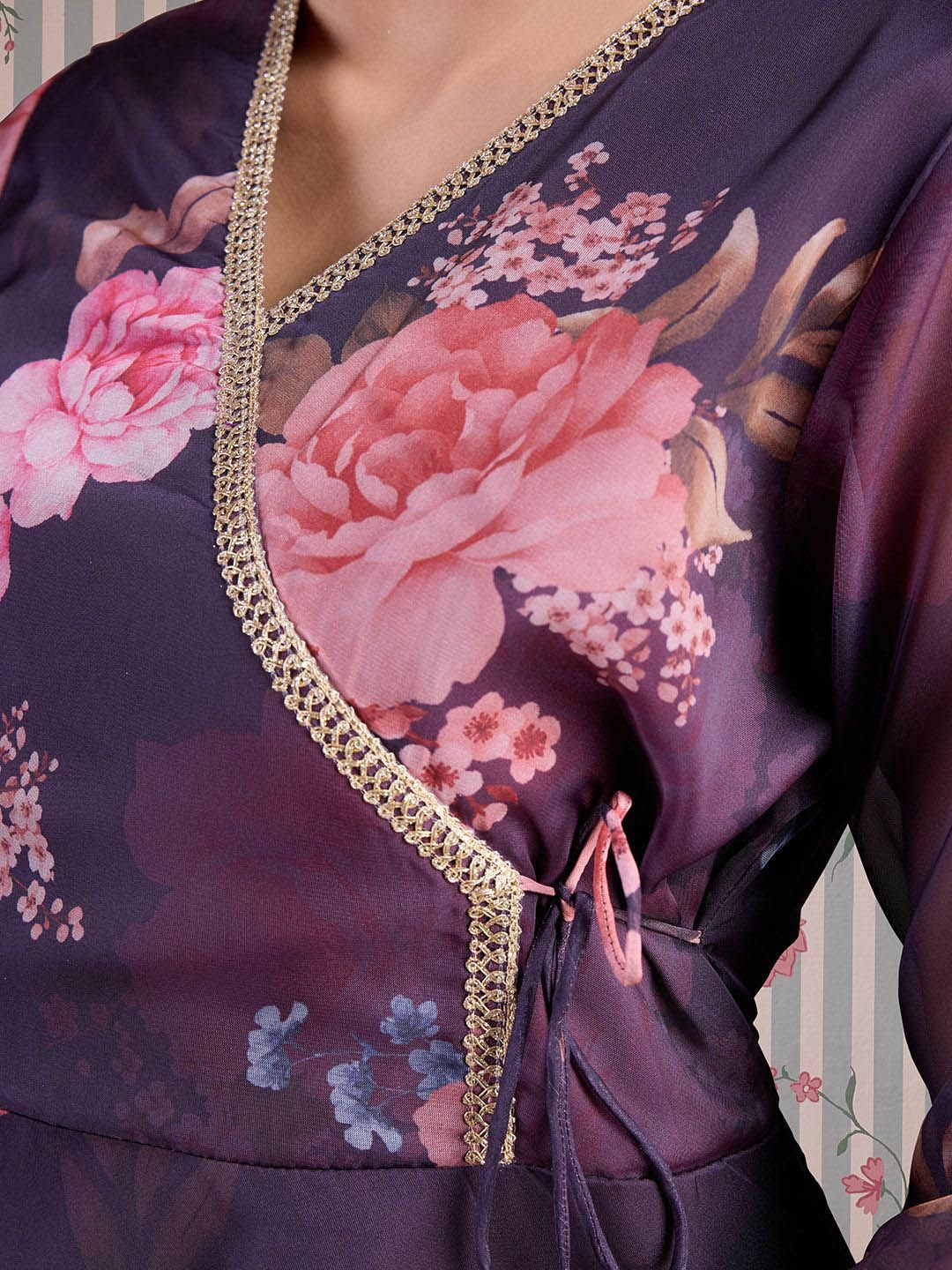 Ode by House of Pataudi Floral Printed Gotta Patti Anarkali Kurta with Trousers & Dupatta - Distacart