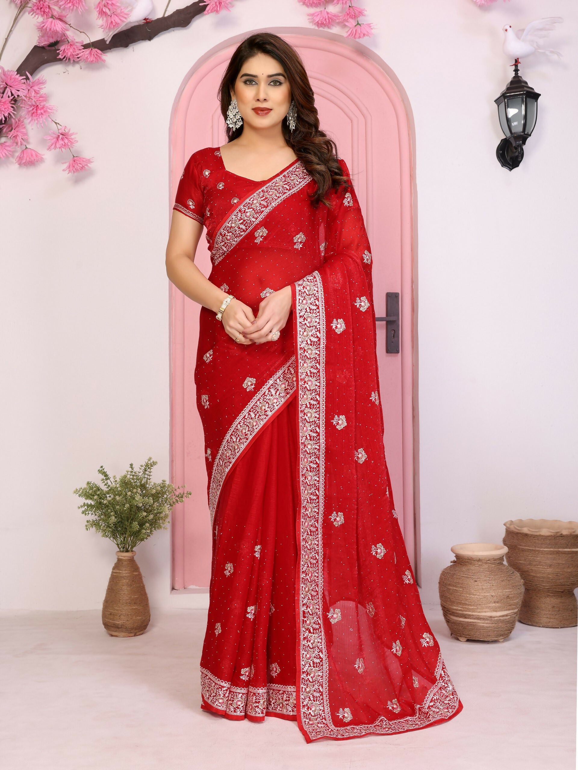 Teeya Creation New Womens Latest Party Wear Soft Chiffon Silk Saree-Red - Dista