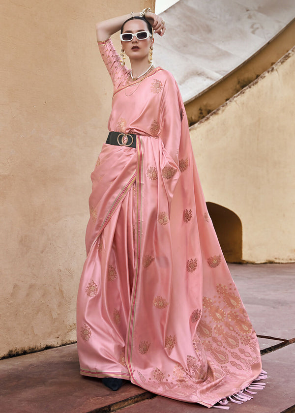 Sea Pink Pure Satin Zari Weaving Wedding Festive Saree - Emponline - Distacart