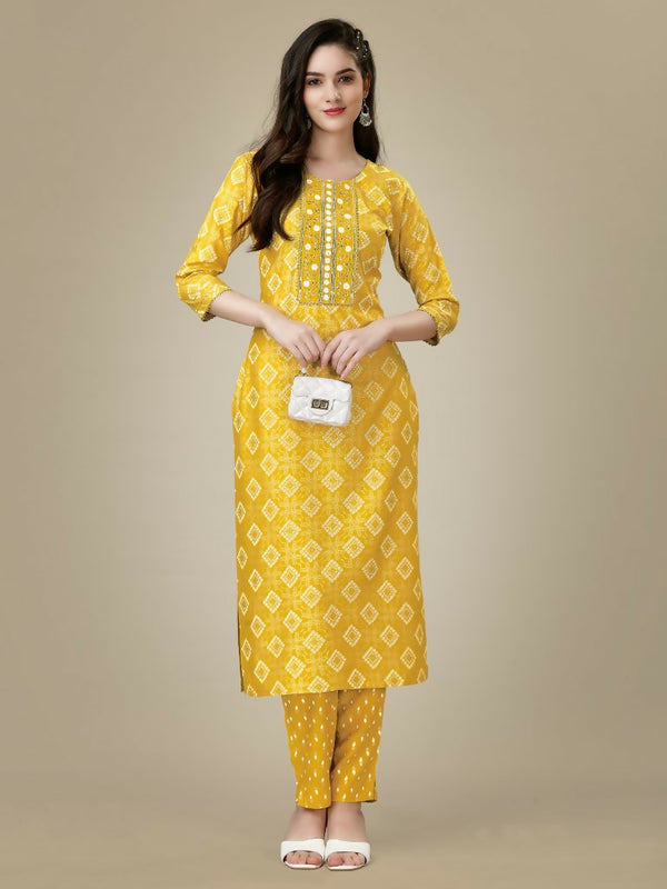 Jyoti Fashion Women's Yellow Rayon Embroidered Kurta Pant Set - Distacart