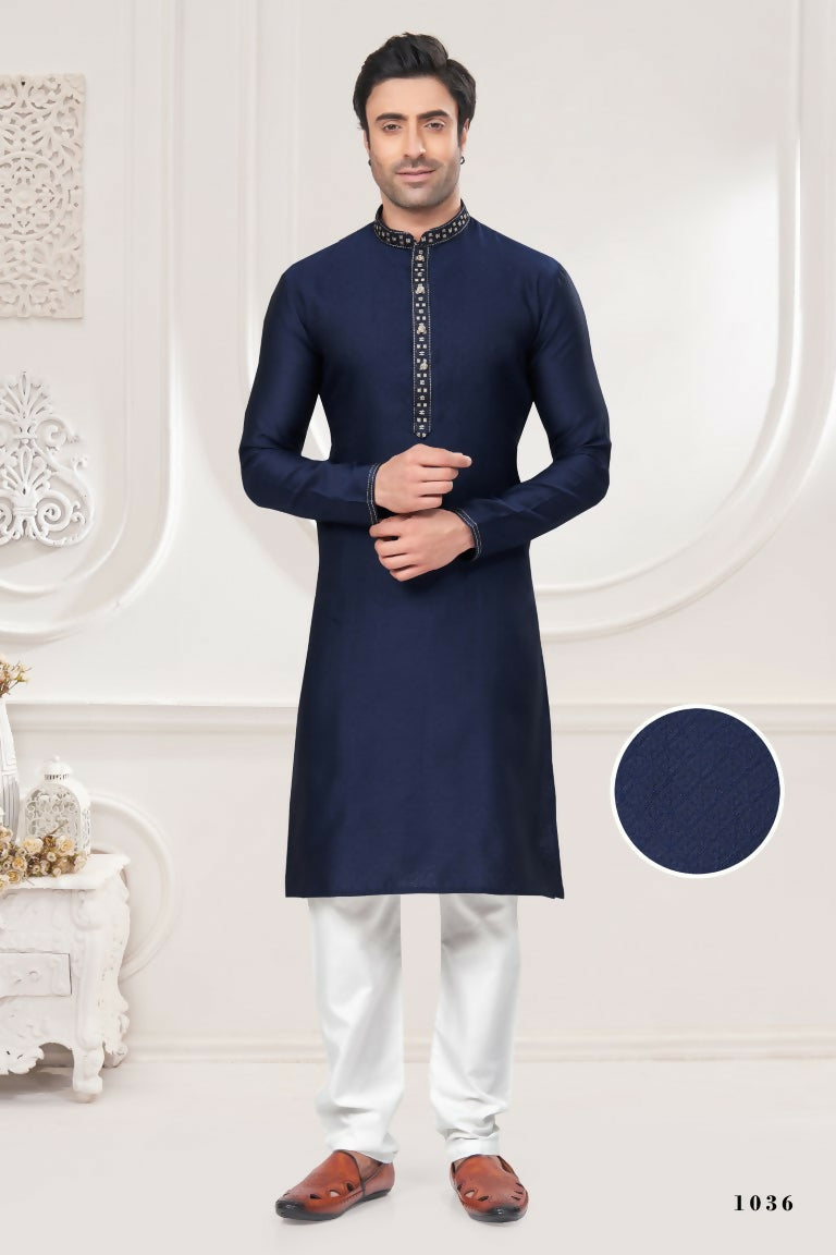 Functional Designer Men's Blue Jacquard Kurta With Pant - Rudra - Distacart