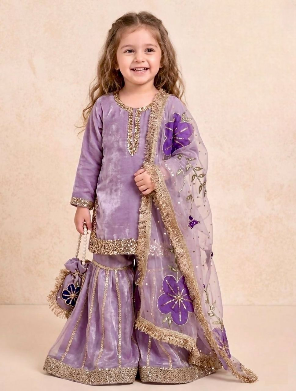 Teeya Creation New Kids Trendy Heavy Embroidery Sequence Work Kurta Set - Purple - Dista