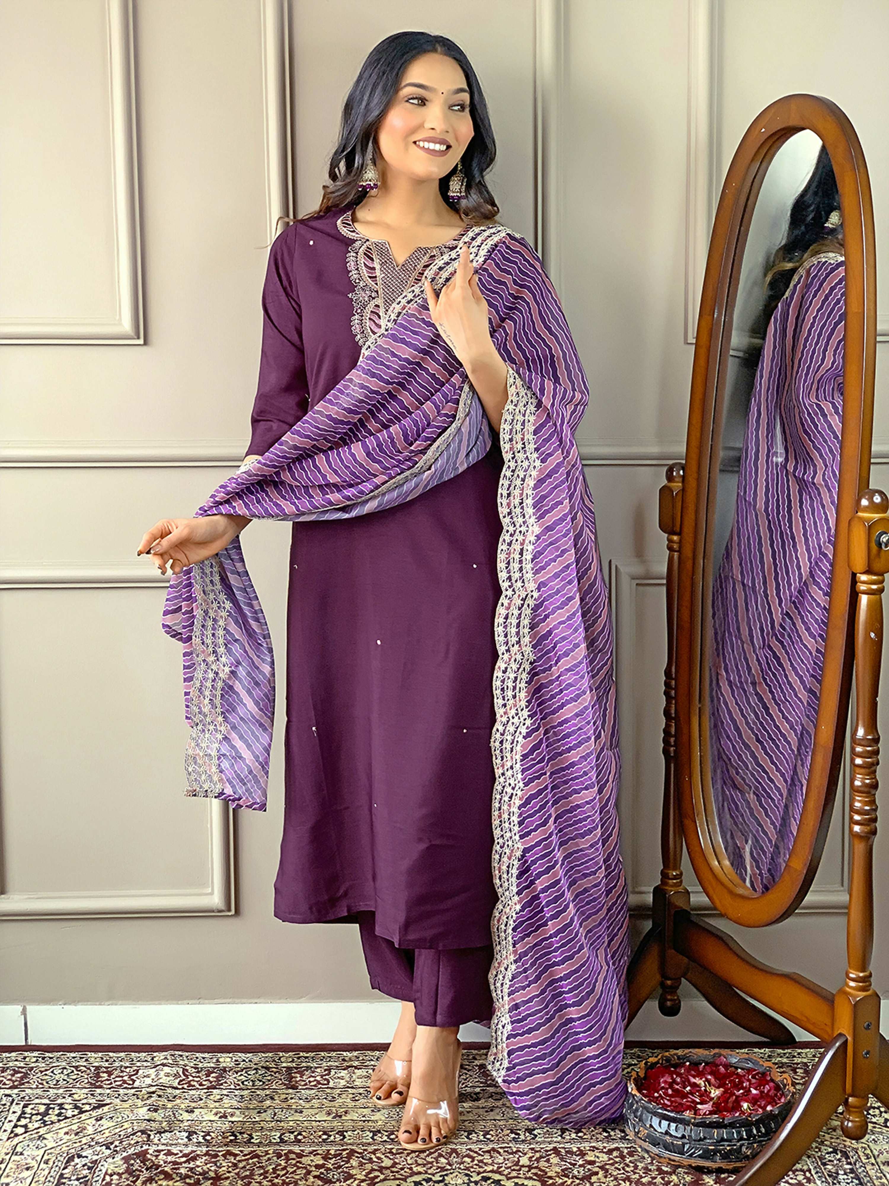 Partywear Designer Viscose Silk Wine Stitched Suit With Dupatta - Tanisha - Distacart