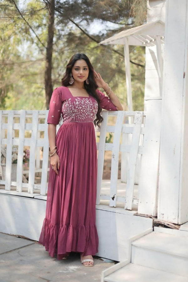 Aastha Fashion Women's Dusty Rose Faux Georgette Sequins Multithreaded Embroidered Gown - Distacart