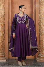 Thumbnail for The52 Wine Women's Gorgeous Vichitra Silk Fabric Embroidered Work Flared Anarkali Pant and Dupatta Set