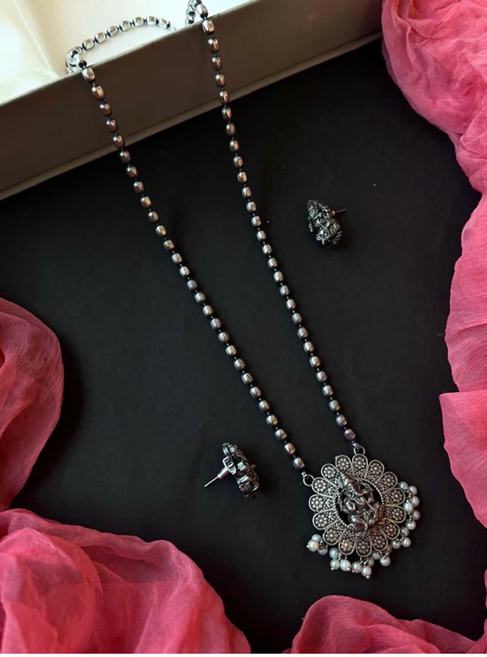 Joban Fashion Women Oxidize Black Polish Oxidized Ganeshji Pendant Chain Necklace And Earring Set