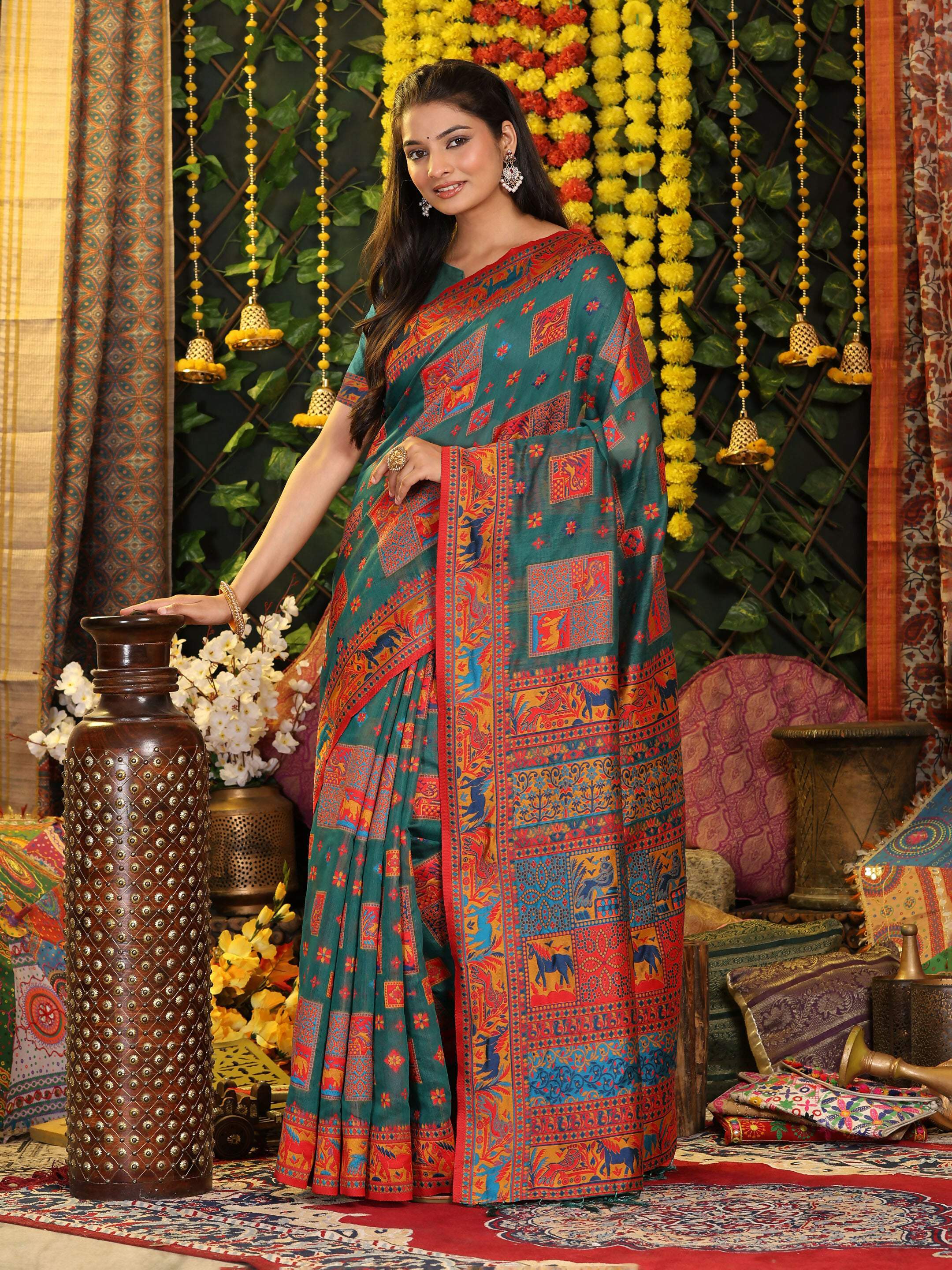 Astita Linen Cotton Rama Green Saree