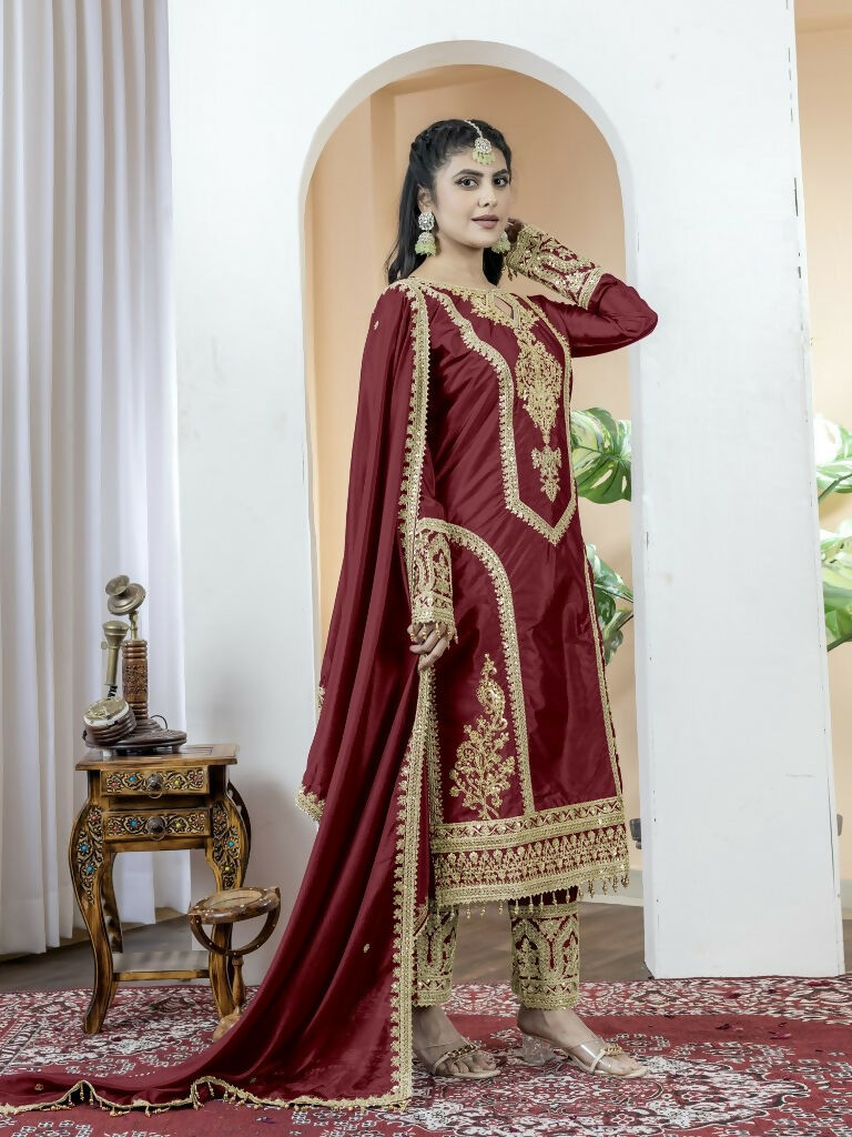 Teeya Creation Maroon Color Chinnon Silk Embroidery Work Fully Stitched Salwar Suit