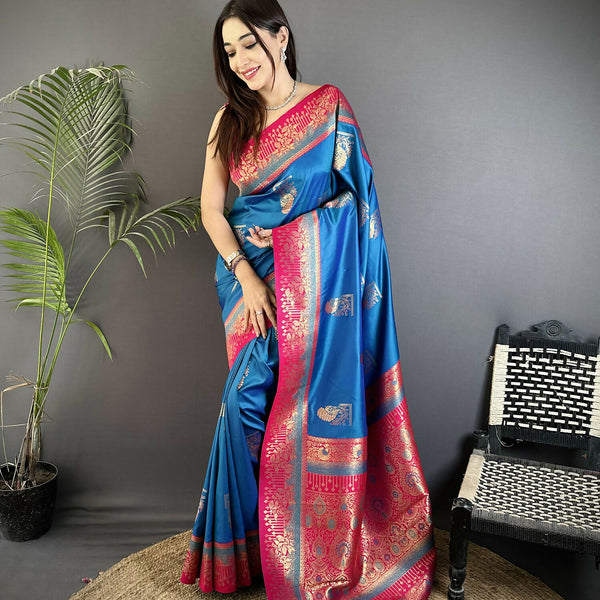 Joban Fashion Royal Blue Banarasi Soft Silk Peacock Butta Work Saree
