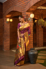 Thumbnail for Jyoti Fashion Women's Wine Paithani Silk Zari Woven Saree with Blouse - Distacart