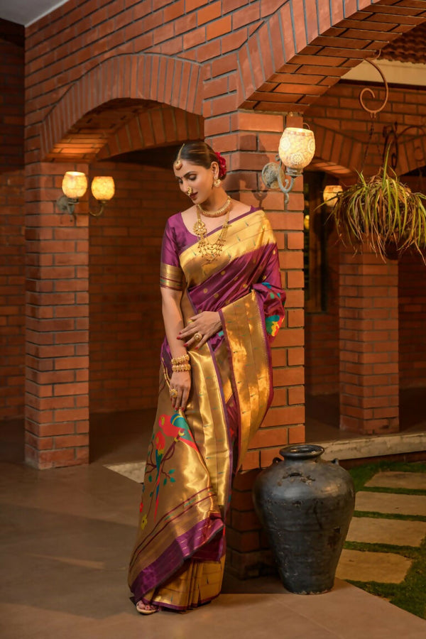Jyoti Fashion Women's Wine Paithani Silk Zari Woven Saree with Blouse - Distacart