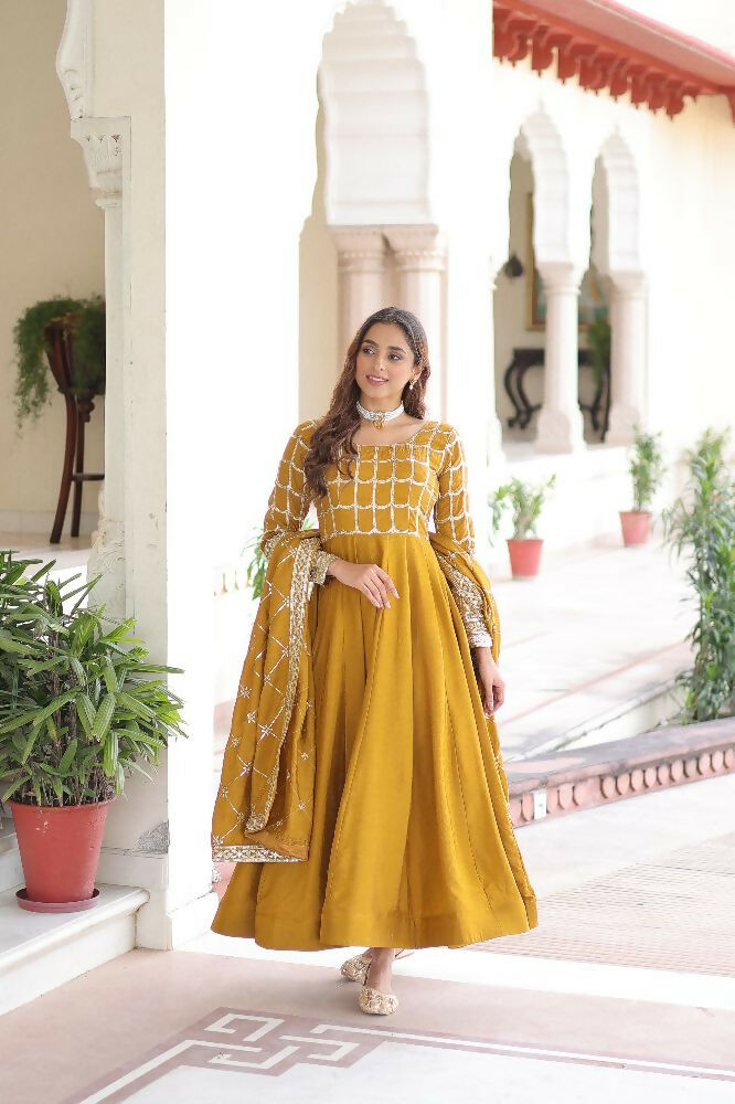 Joban Fashion Yellow Kurta Set Silk Sequins , Zari, Coding & Thread Embroidered work - Distacart
