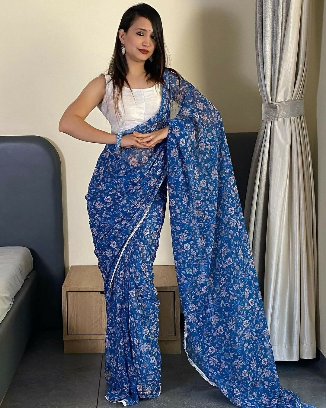 Malishka Georgette Printed Ready To Wear Saree With Blouse Piece - Blue - Distacart