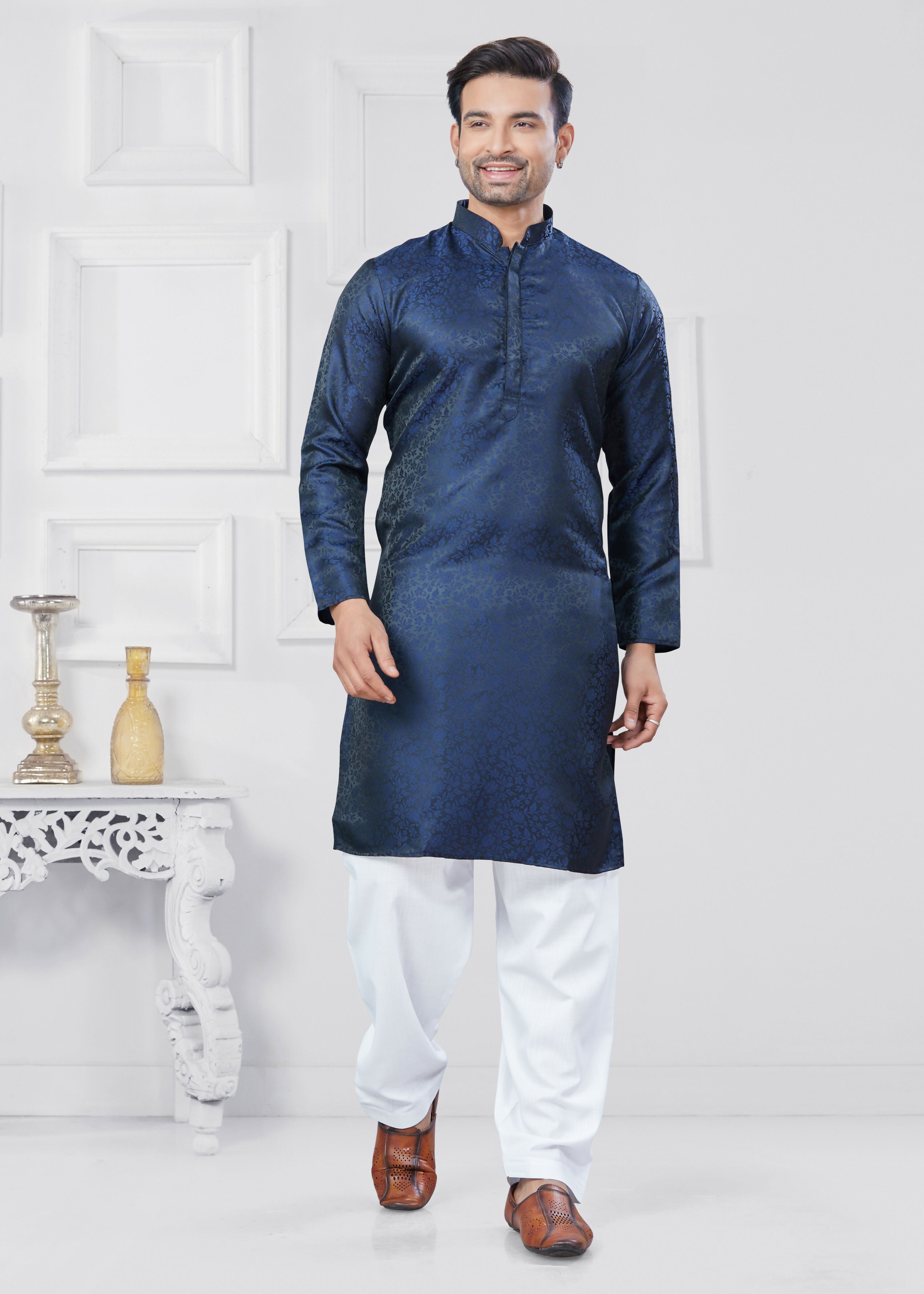 Joban Fashion Men's Jacquard Silk Navy Blue Printed Kurta Pyjama set - Distacart