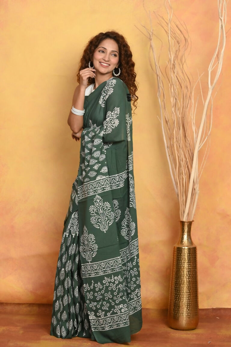 Very Much Indian Handblock Printed Cotton Saree With Natural Dyes - Green - Distacart