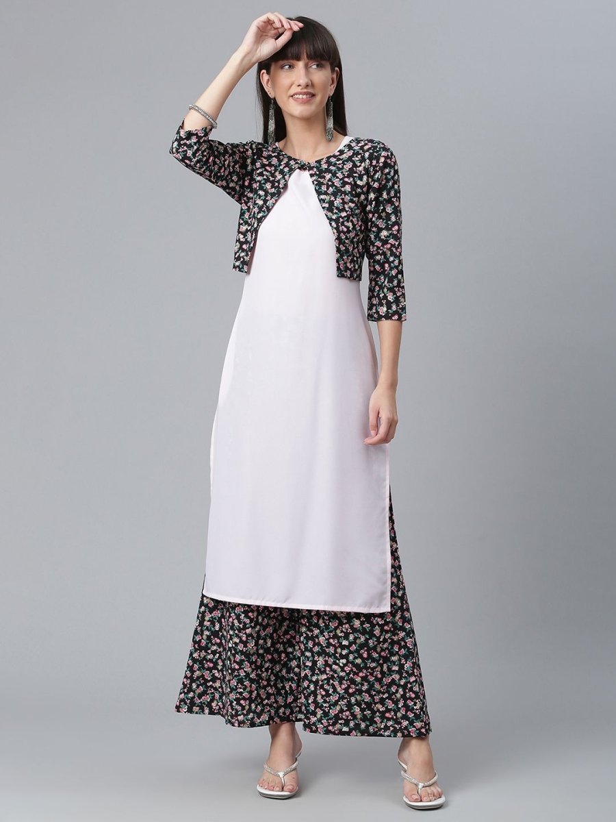 Ahalyaa Light Pink Crepe Solid Kurta And Palazzo Set With Jacket - Distacart