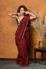 Thumbnail for Very Much Indian Handloom Pure Cotton Silk Saree With Sleek Golden Border - Maroon - Distacart