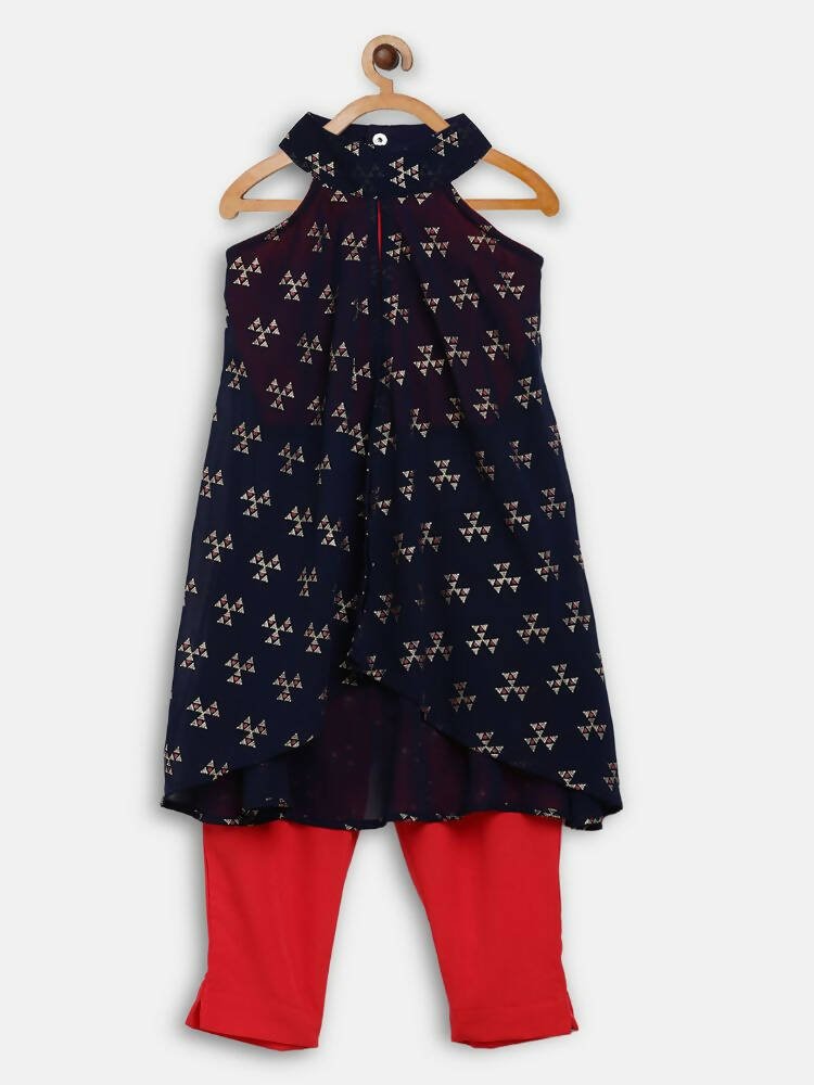 Ahalyaa Navy Printed Chanderi Silk Kids Kurta With Pant For Girls - Distacart