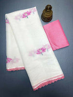 Thumbnail for Prime Volt Women's Cream Floral Digital Print Soft Linen Saree With Lace Border & Blouse - Distacart