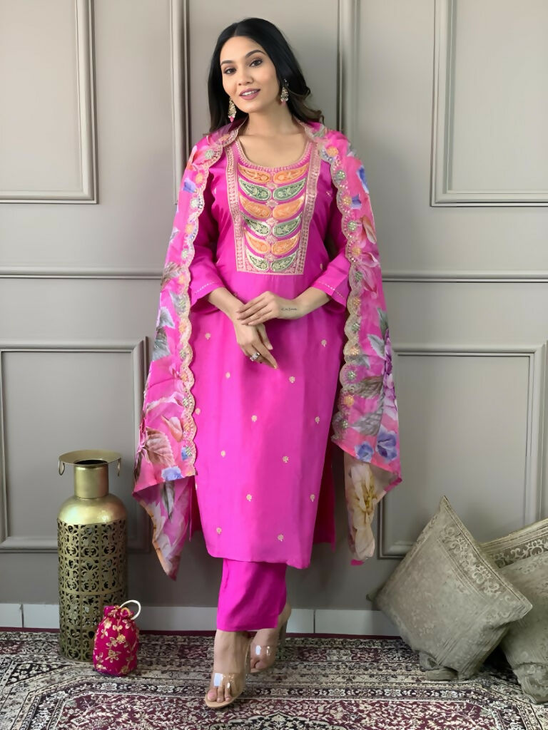 Partywear Designer Viscose Chanderi Pink Stitched Suit With Dupatta - Tanisha - Distacart