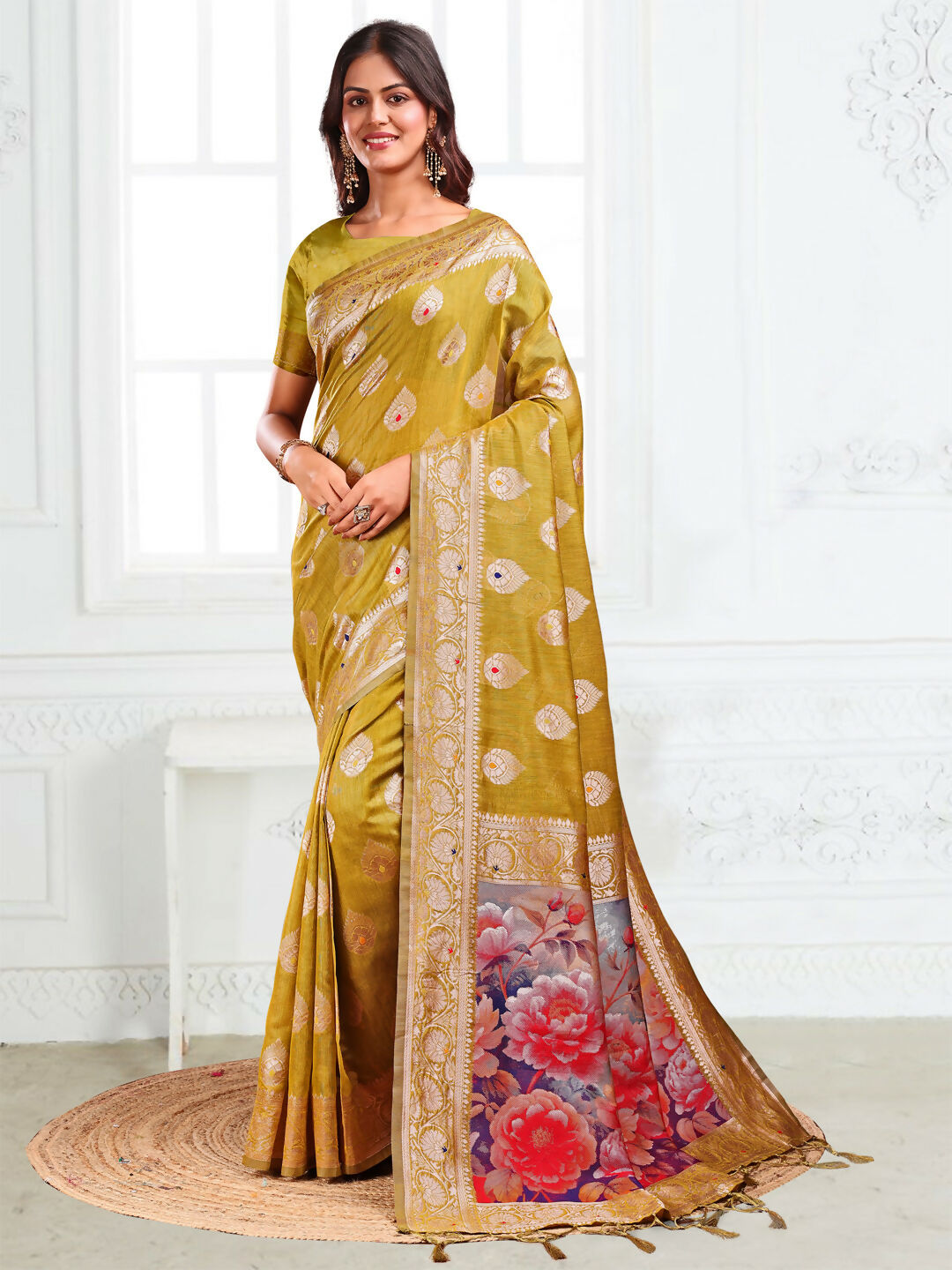 Astita Linen Cotton Mhendi Green Saree
