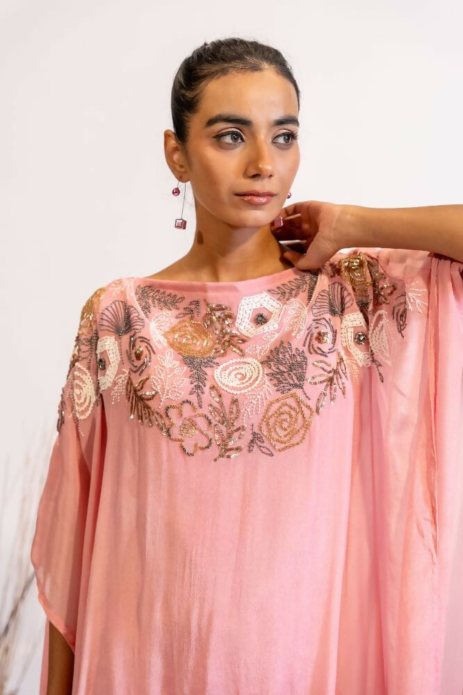 Timaraa Blush Pink Sequined & Beaded Kaftan Dress - Dista