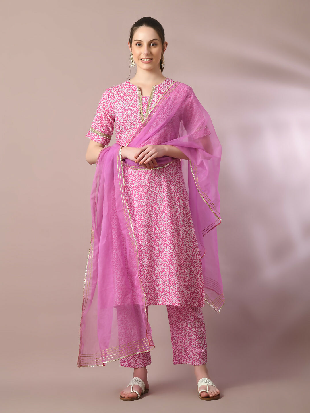 Myshka Women's Pink Printed Cotton Straight Party Kurta Set With Dupatta - Distacart