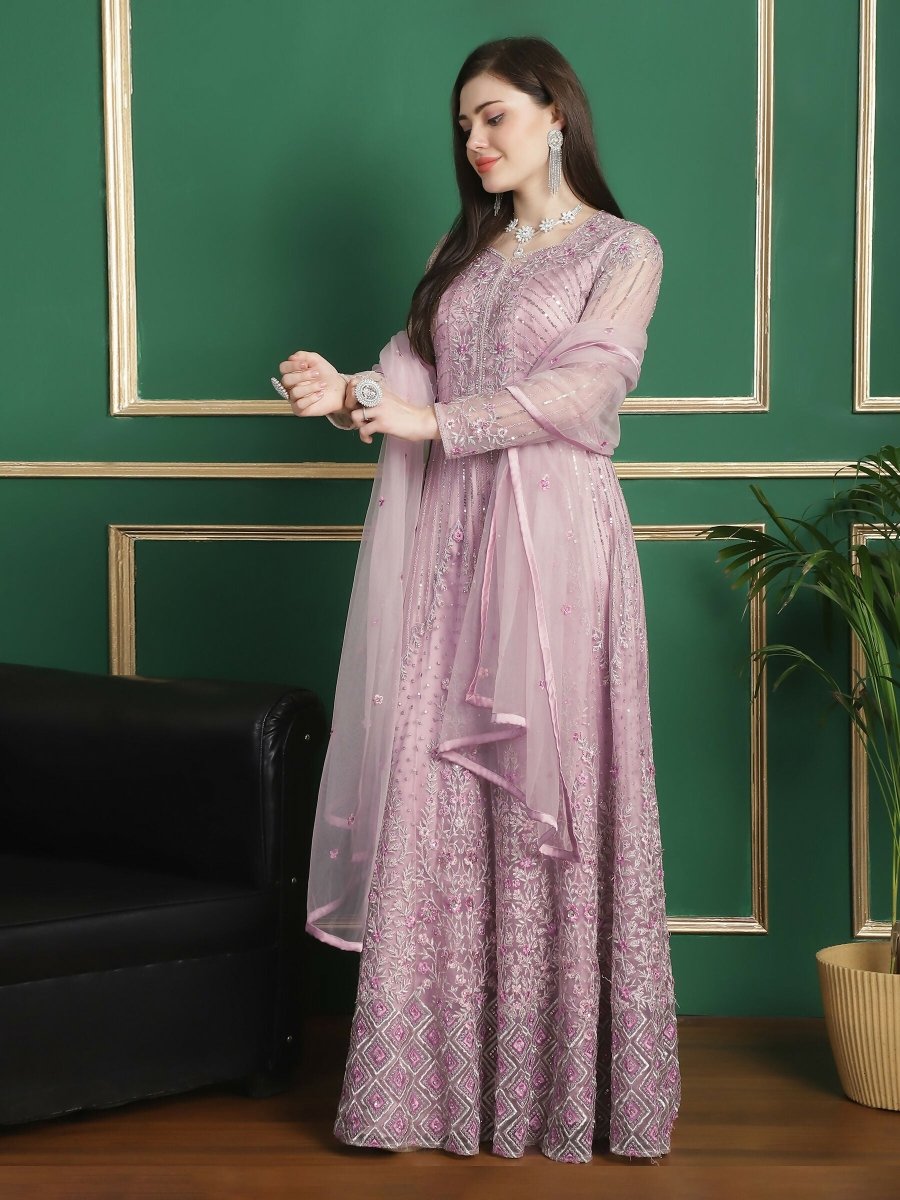 Aastha Fashion Women's Purple Net Floral Resham Thread with Cording & Crystal work Anarkali Dress Set - Distacart