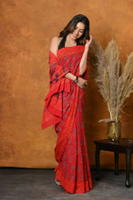 Thumbnail for Very Much Indian Handblock Printed Cotton Saree With Natural Dyes - Red - Distacart