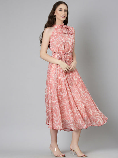 Souchii Peach Floral Chiffon Dress - Dista