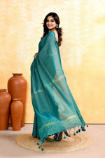 Thumbnail for Piyari Fashion Women's Teal Embellished Cotton Blend Zari Check Handloom Saree - Distacart