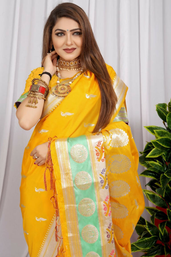 Jyoti Fashion Women's Yellow Paithani Silk Zari Woven Saree with Blouse - Distacart